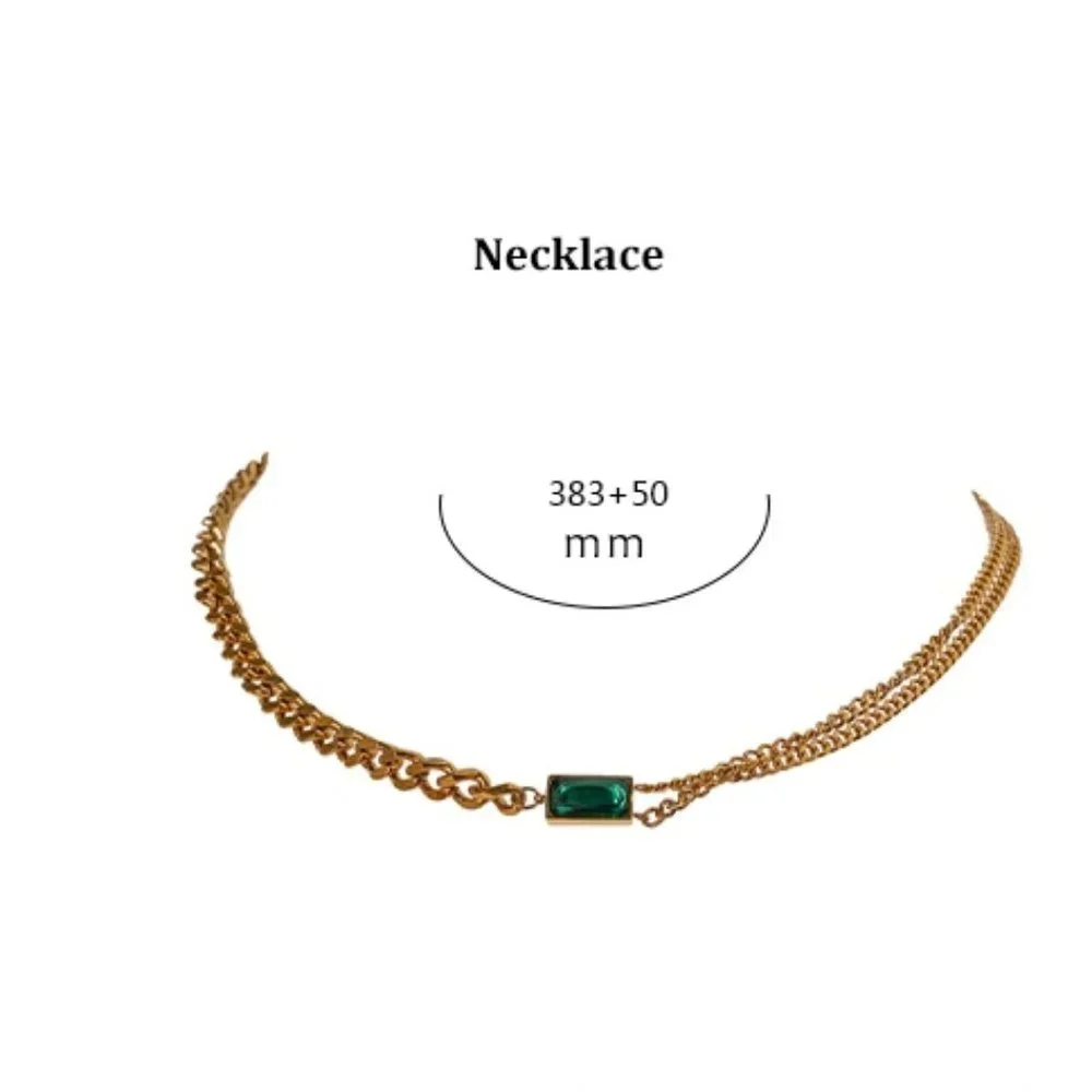 New 18K Gold Plated Link Chain Green Gemstone Necklace